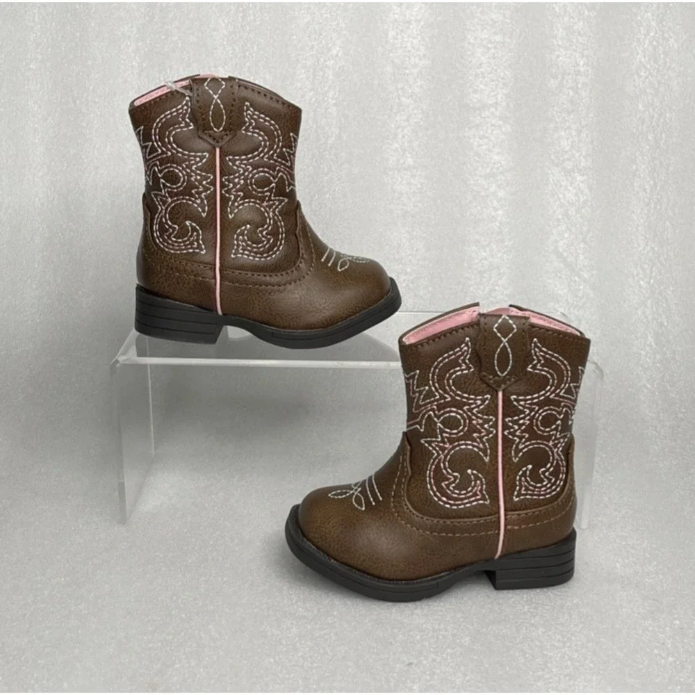 Wonder Nation Brown Zip up Square Toe Cowboy Cowgirl Boots Baby Girls Size 3